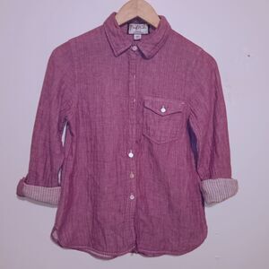 Mary McFadden Button Down Chambray Shirt-Petite Small-Roll Tab-Contrast Trim